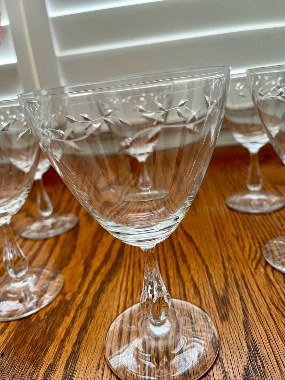 Vintage Etched Crystal Wine / Goblets by Bryce in Wreath Pattern Set 6